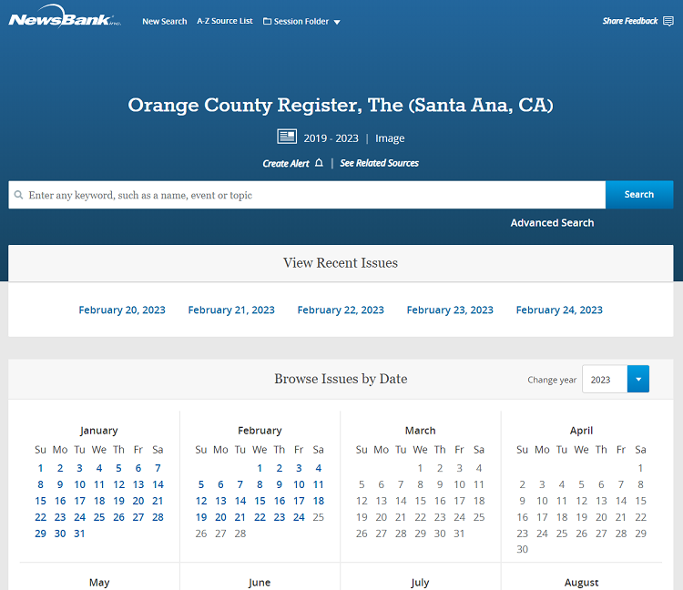 listing of dates in NewsBank