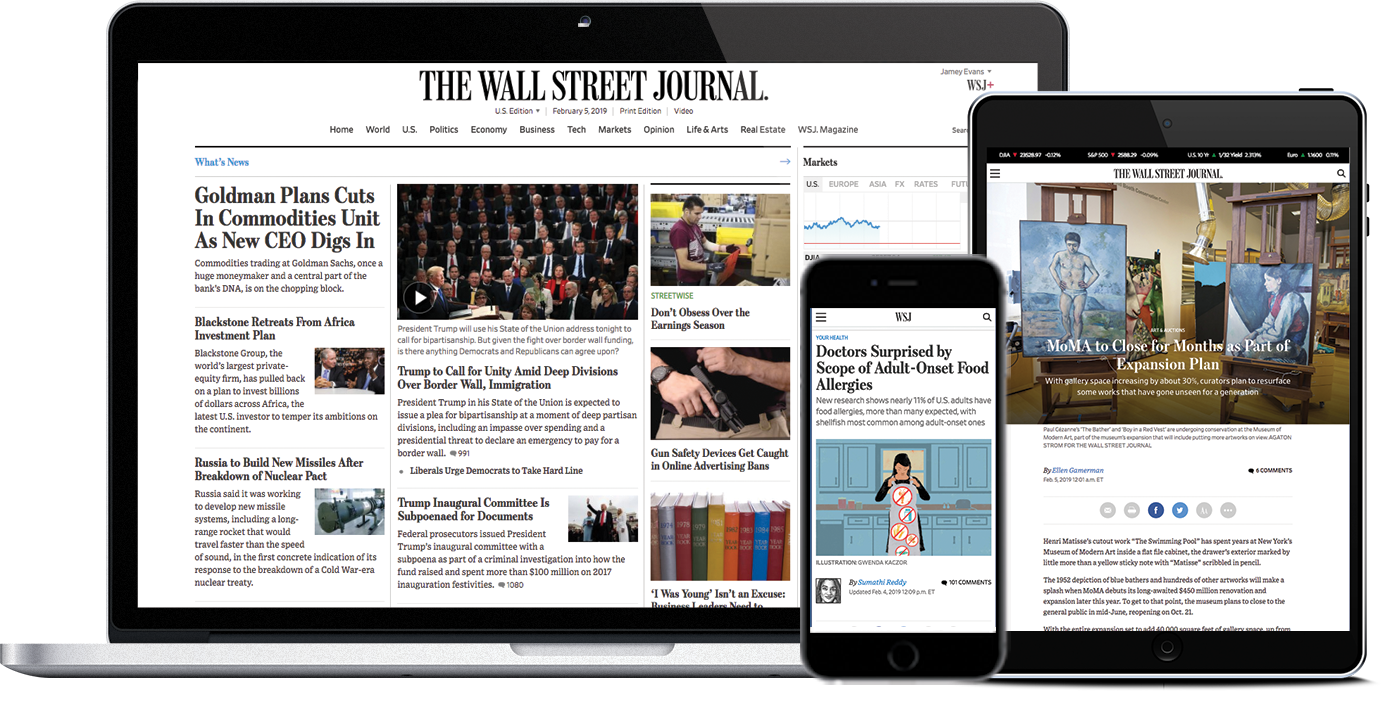 WSJ homepage on monito, tablet, and phone