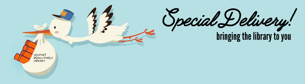 Newport Beach Public Library Special Delivery Bringing the Library to You Stork Illustration Carrying Books