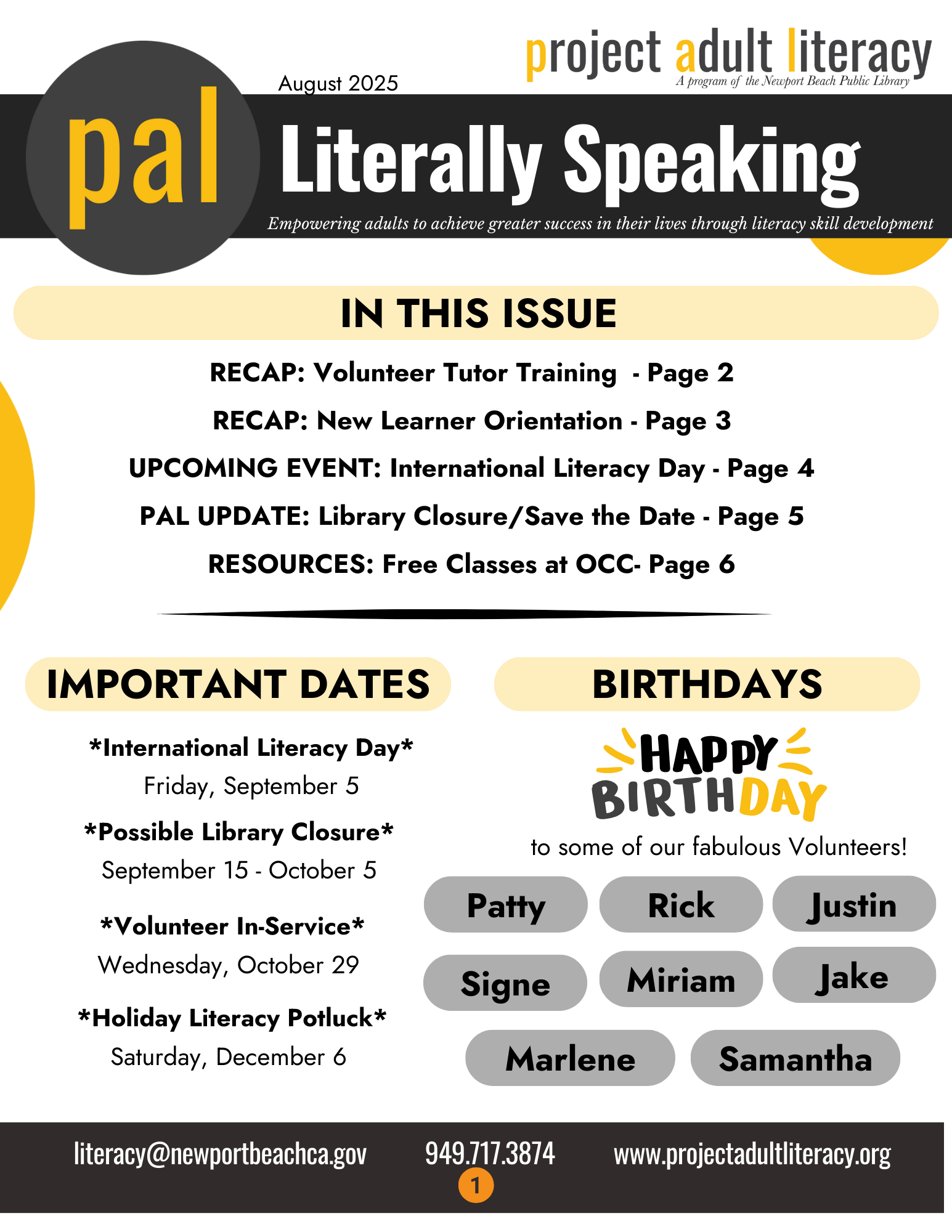 August 2025 PAL Newsletter Page 1