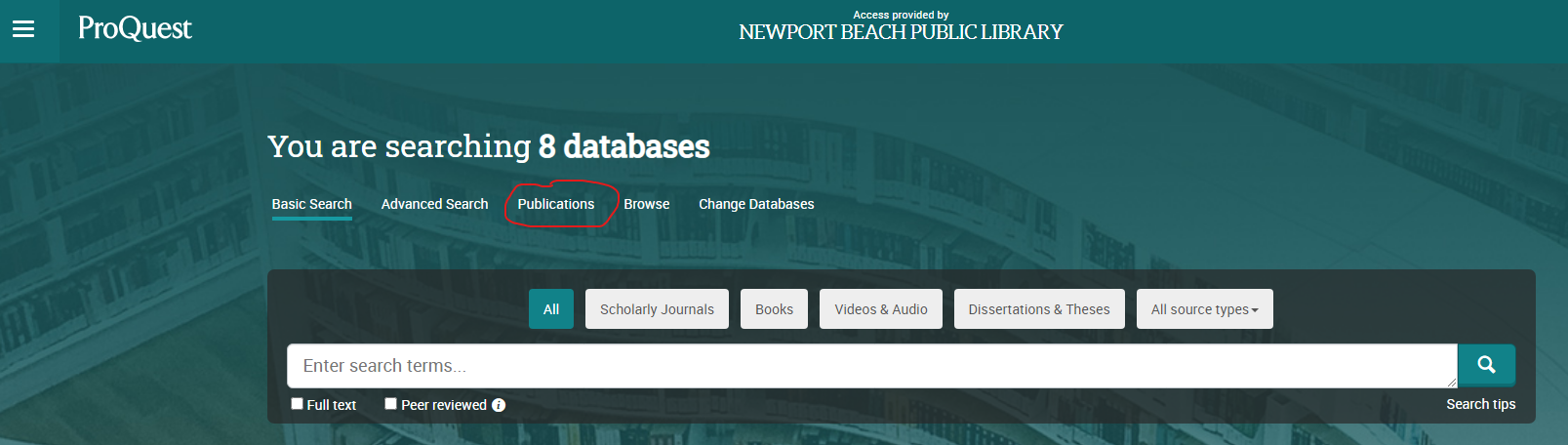 proQuest databases searcch screen