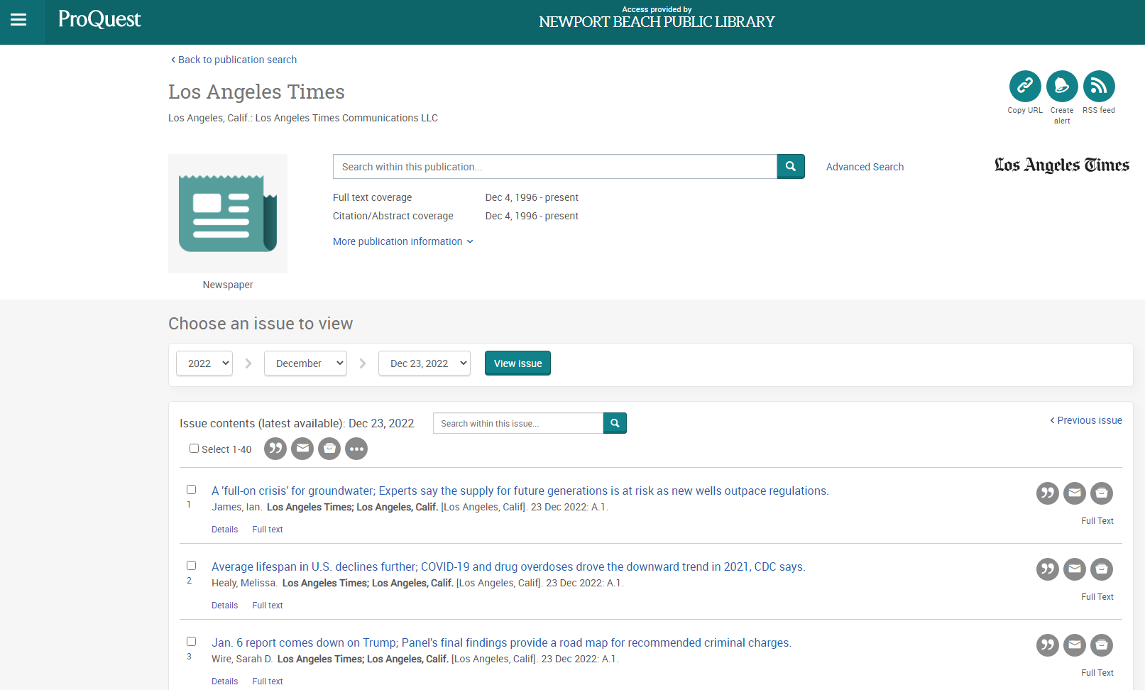 proQuest date, issue, and volume search