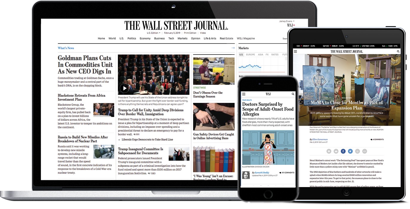 wall street journal on laptopp, tablet, and phone